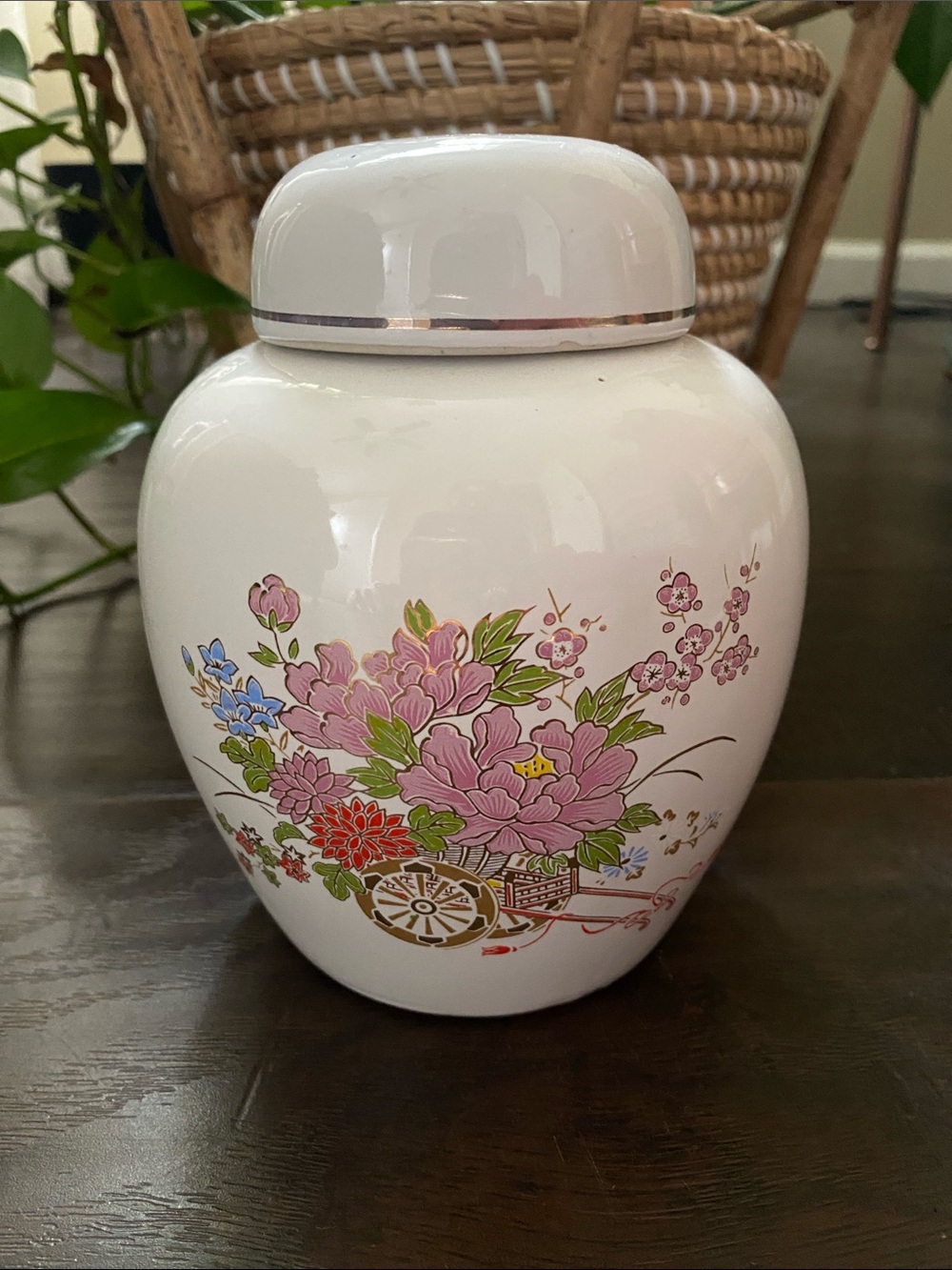 White Floral Ceramic Ginger Jar with Pink Flower Motif